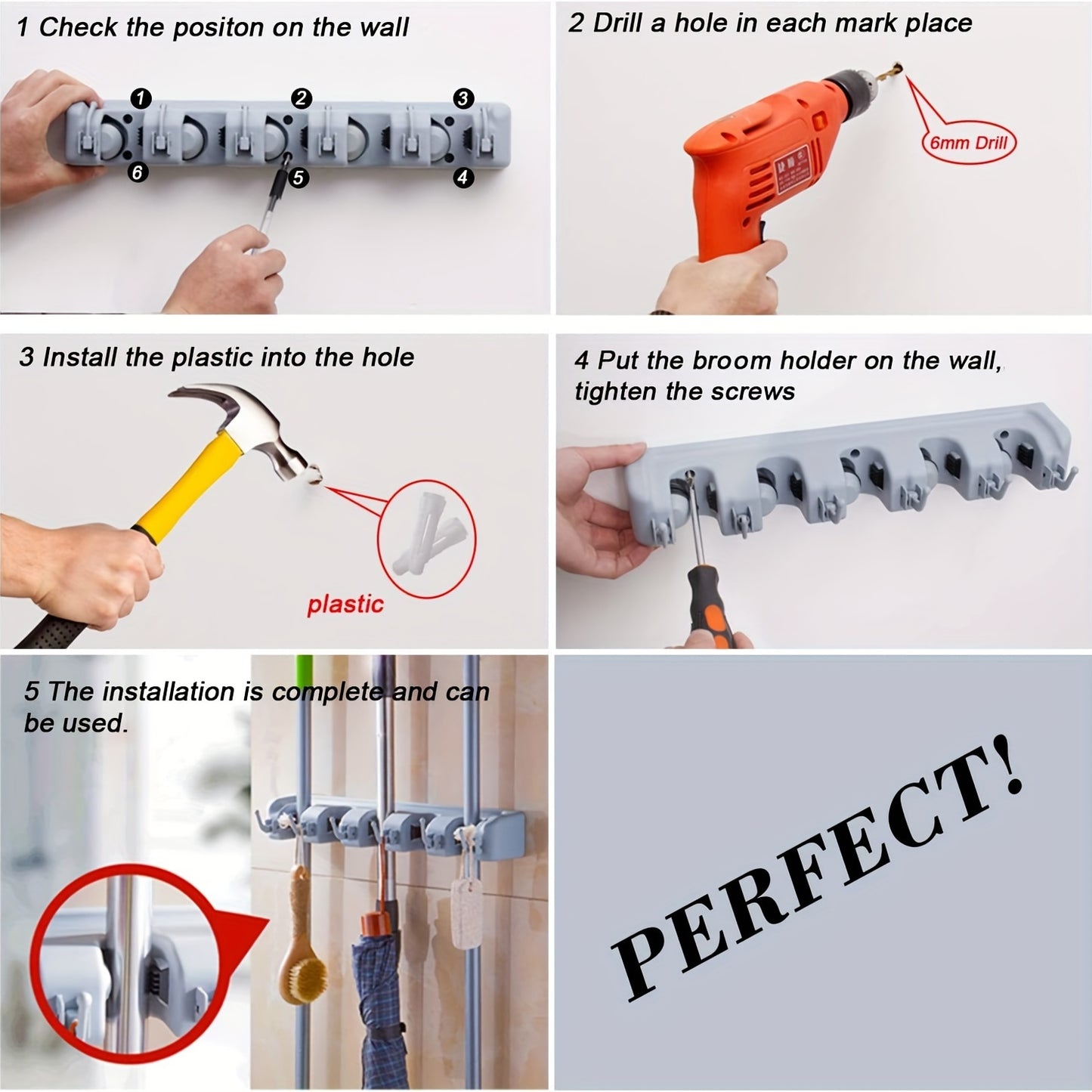 5 Slot Wall Mounted Broom/Utility Holder